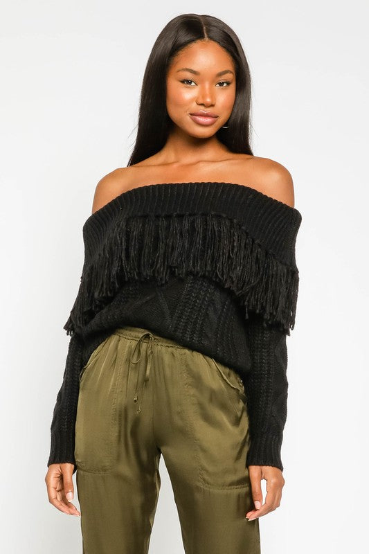 Off shoulder sales fringe sweater